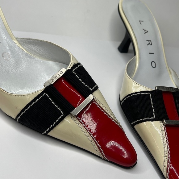 Lario Sz 36 Kitten Heel Patent Leather Ribbon Pointed Toe Slip On Mules Shoes - Picture 11 of 13